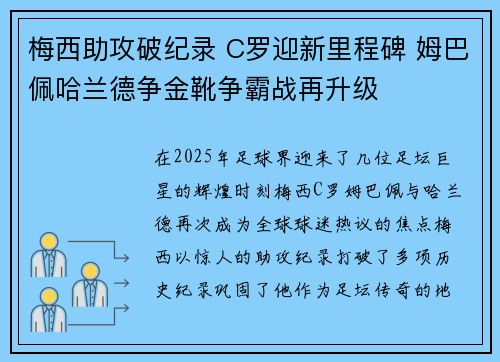 梅西助攻破纪录 C罗迎新里程碑 姆巴佩哈兰德争金靴争霸战再升级